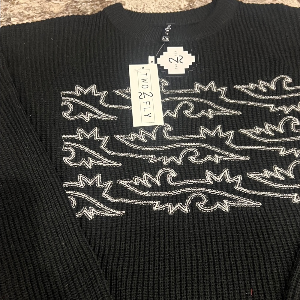 Two Fly Black Sweater Large Cropped with Silver Embroidery - Picture 6 of 7